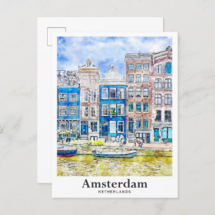Amsterdam Nederland Travel Waterverf Hand getekend Briefkaart