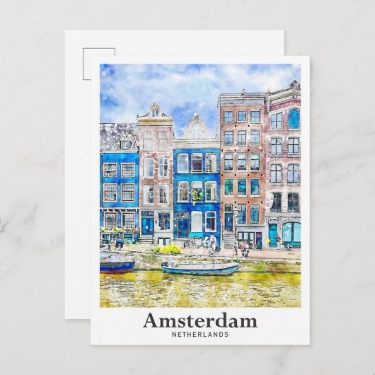 Amsterdam Nederland Travel Waterverf Hand getekend Briefkaart (Voorkant / Achterkant)