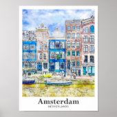Amsterdam Nederland Travel Waterverf Hand getekend Poster (Voorkant)