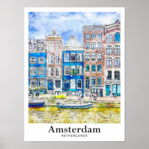 Amsterdam Nederland Travel Waterverf Hand getekend Poster