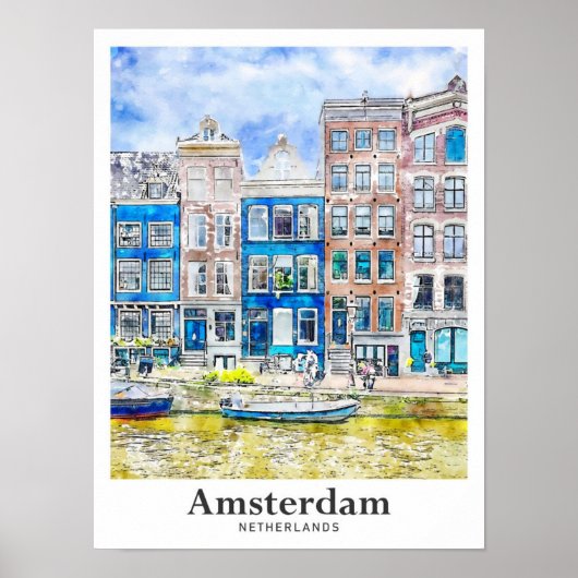 Amsterdam Nederland Travel Waterverf Hand getekend Poster (Voorkant)