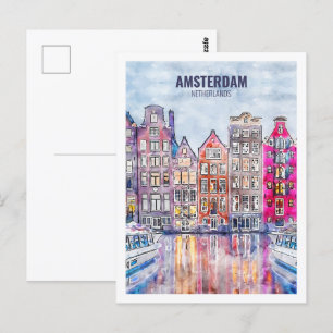 Amsterdam Nederland Travel Waterverf Sketch Briefkaart