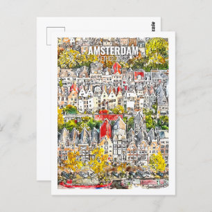 Amsterdam Nederland Travel Waterverf Sketch Briefkaart