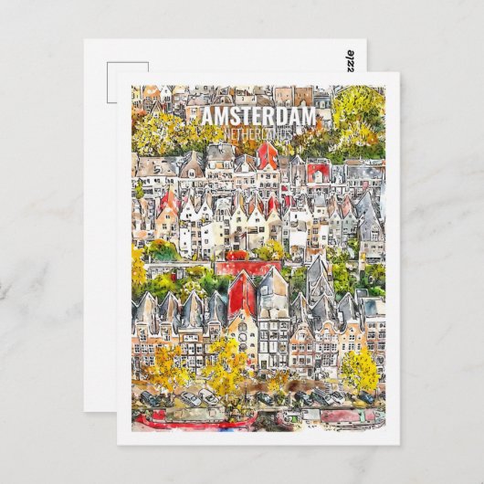Amsterdam Nederland Travel Waterverf Sketch Briefkaart (Voorkant / Achterkant)