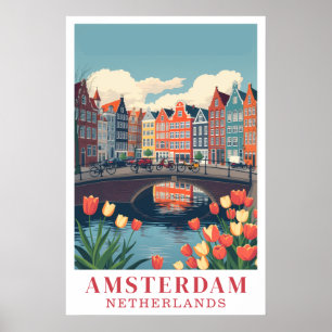 Amsterdam Nederland Vintage Reis Fietsen Kunst Poster