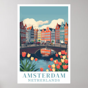 Amsterdam Nederland Vintage Reis Fietsen Kunst Poster