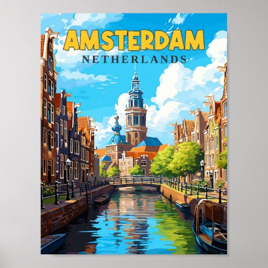 Amsterdam Nederland vintage reisillustratie Poster (Voorkant)