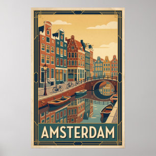 Amsterdam Nederland Vintage Reisillustratie Poster