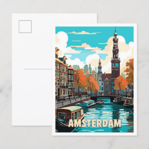 Amsterdam Nederland Vintage Travel Illustration Briefkaart