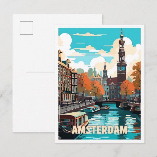 Amsterdam Nederland Vintage Travel Illustration Briefkaart (Voorkant / Achterkant)