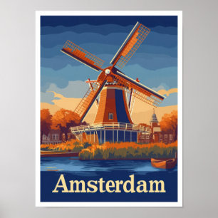 Amsterdam Nederland Vintage Travel Illustration Poster