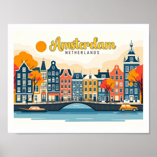 Amsterdam Nederland Vintage Travel Illustration Poster (Voorkant)
