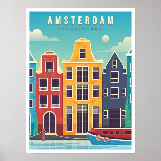 Amsterdam Nederland Vintage Travel Poster (Voorkant)