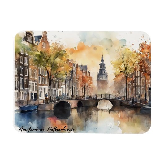 Amsterdam Nederland Waterverf Panorama Uitzicht Magneet (Horizontaal)