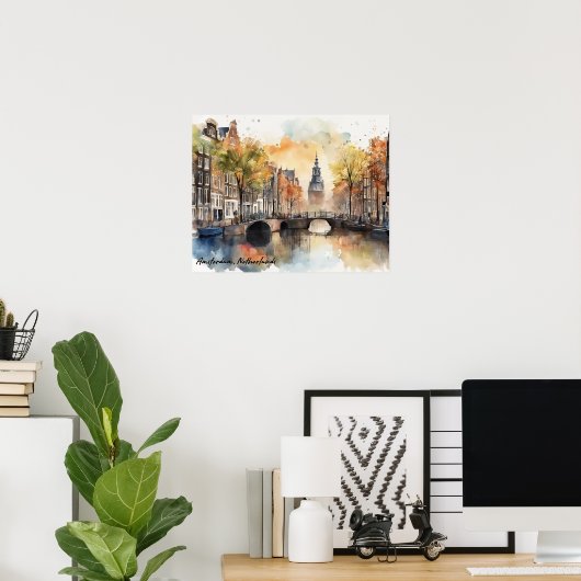 Amsterdam Nederland Waterverf Panorama Uitzicht Poster (Thuiskantoor)