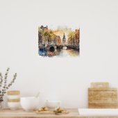 Amsterdam Nederland Waterverf Panorama Uitzicht Poster (Keuken)