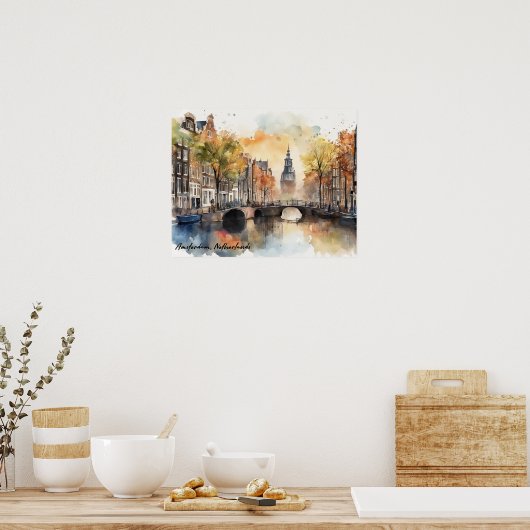 Amsterdam Nederland Waterverf Panorama Uitzicht Poster (Keuken)