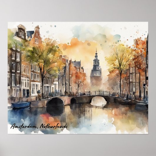 Amsterdam Nederland Waterverf Panorama Uitzicht Poster (Voorkant)
