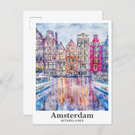 Amsterdam Nederland Waterverf Schets Hand getekend Briefkaart