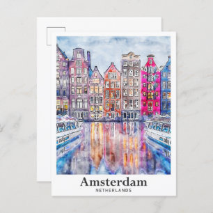 Amsterdam Nederland Waterverf Schets Hand getekend Briefkaart