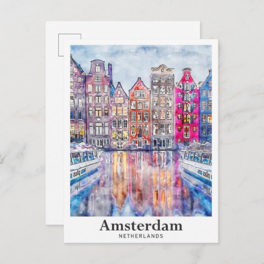 Amsterdam Nederland Waterverf Schets Hand getekend Briefkaart (Voorkant / Achterkant)