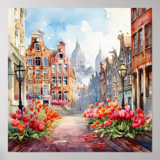 Amsterdam Nederland Waterverf Schilderen Poster (Voorkant)