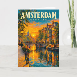 Amsterdam Nederland Zonsondergang Kanaal Vintage R Kaart