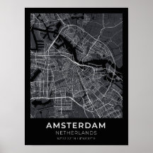 Amsterdam Nederland Zwart Stadsplattegrond Poster