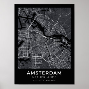 Amsterdam Nederland Zwart Stadsplattegrond Poster