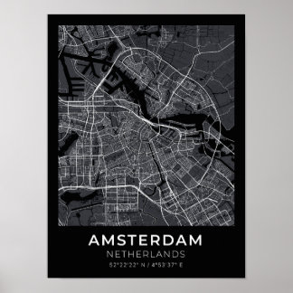 Amsterdam Nederland Zwart Stadsplattegrond Poster