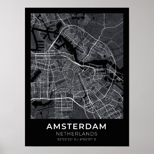 Amsterdam Nederland Zwart Stadsplattegrond Poster (Voorkant)