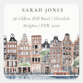 Amsterdam Nederlands landschapslandschap Waterverf Vierkante Sticker (Voorkant)