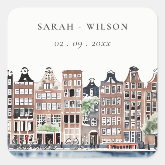 Amsterdam Nederlands landschapslandschap Waterverf Vierkante Sticker (Voorkant)