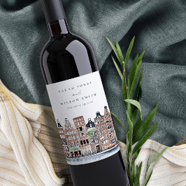 Amsterdam Nederlands landschapslandschap Waterverf Wijn Etiket