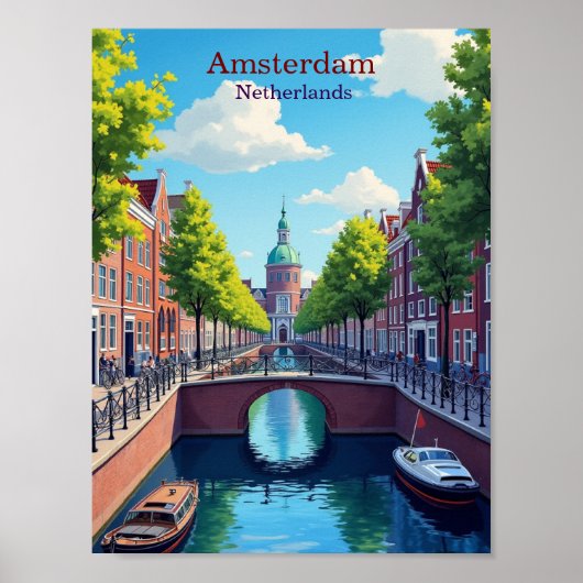 Amsterdam Netherlands Gouache Illustration Travel Poster (Voorkant)