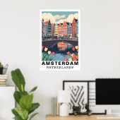 Amsterdam Netherlands Travel Bicycles Tulip Poster (Thuiskantoor)