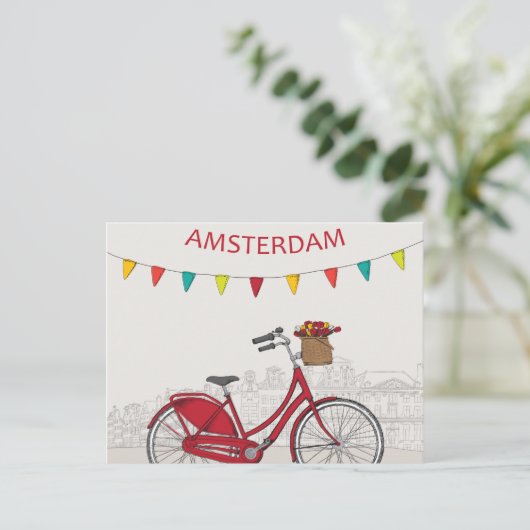 Amsterdam, rode fiets op straat, illustratie briefkaart (Staand voorkant)