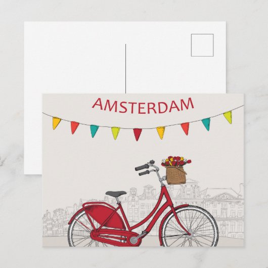 Amsterdam, rode fiets op straat, illustratie briefkaart (Voorkant / Achterkant)