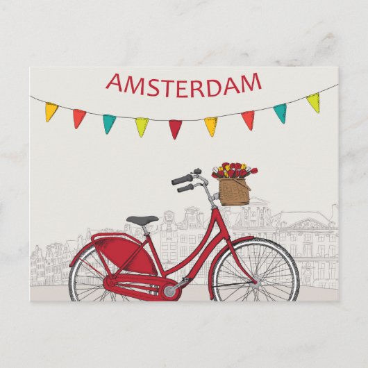 Amsterdam, rode fiets op straat, illustratie briefkaart (Voorkant)