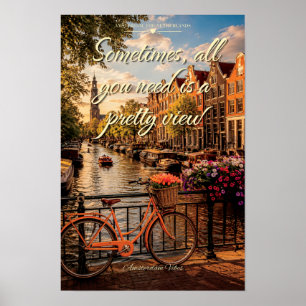 Amsterdam Sfeer Gracht Fiets Tulpen Schilderkunst Poster