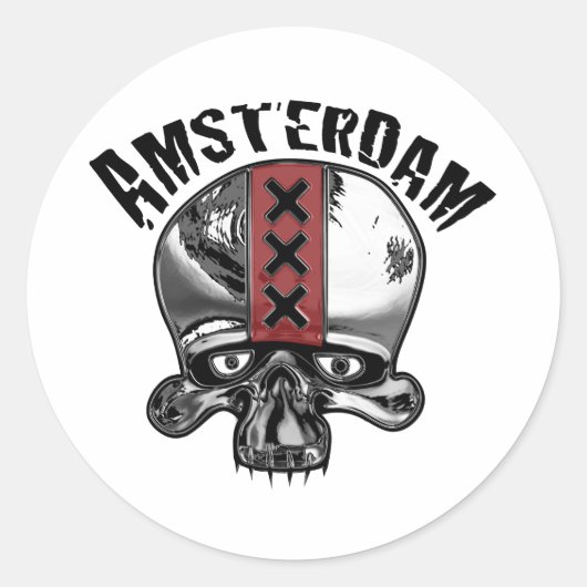 Amsterdam Skull 2 Chrome Ronde Sticker (Voorkant)