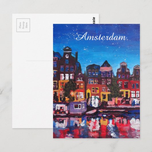 Amsterdam Skyline met kanaal 's nachts Briefkaart (Voorkant / Achterkant)