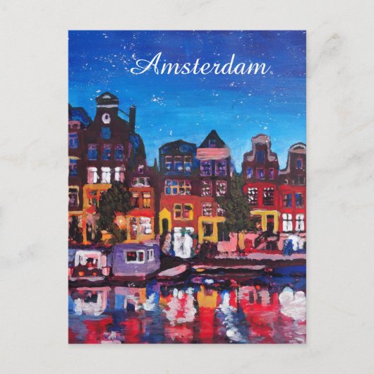 Amsterdam Skyline met kanaal 's nachts Briefkaart (Voorkant)