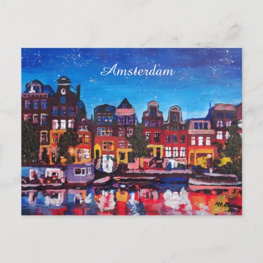 Amsterdam Skyline met kanaal 's nachts Briefkaart (Voorkant)