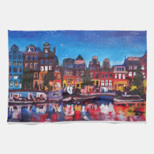 Amsterdam Skyline met kanaal 's nachts