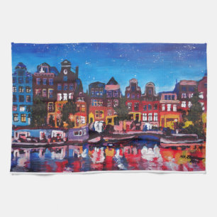 Amsterdam Skyline met kanaal 's nachts Theedoek