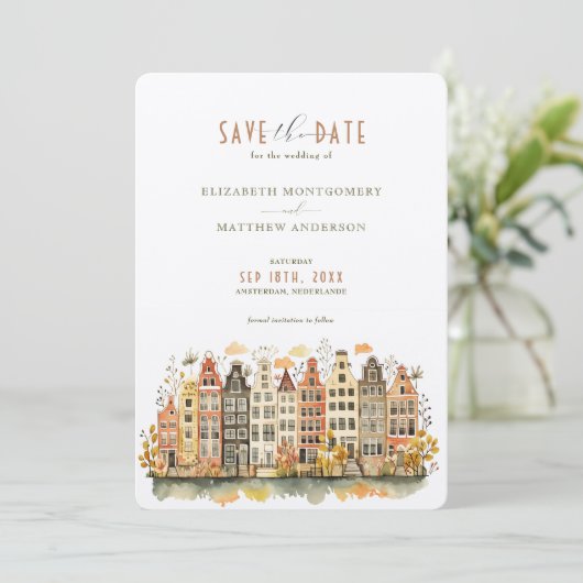 Amsterdam Skyline Nederlande Save-the-Date Kaart (Staand voorkant)