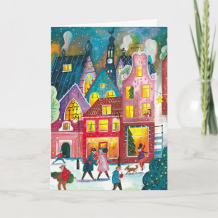 Amsterdam stad in de sneeuw illustratie Kerstmis Feestdagen Kaart