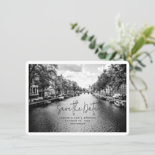 Amsterdam Trouwfoto Save the Date Kaart (Staand voorkant)