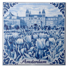 Amsterdam tulips Delft Blue style tile Tegeltje